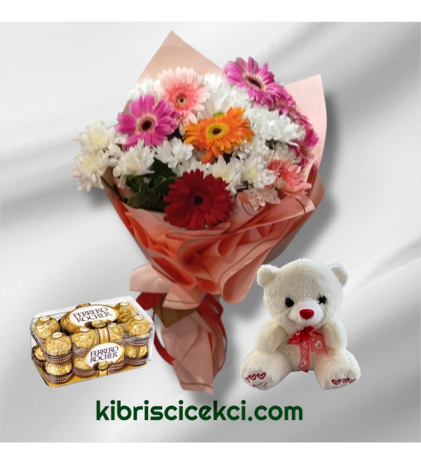 Krizantem Gerbera Buketi Ayıcık 16'lı Ferrero Çikolata 